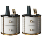 Glam Round Leather Nightstand with Marble Countertop 2 Drawers