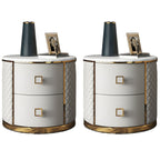 Glam Round Leather Nightstand with Marble Countertop 2 Drawers