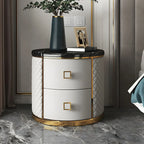 Glam Round Leather Nightstand with Marble Countertop 2 Drawers