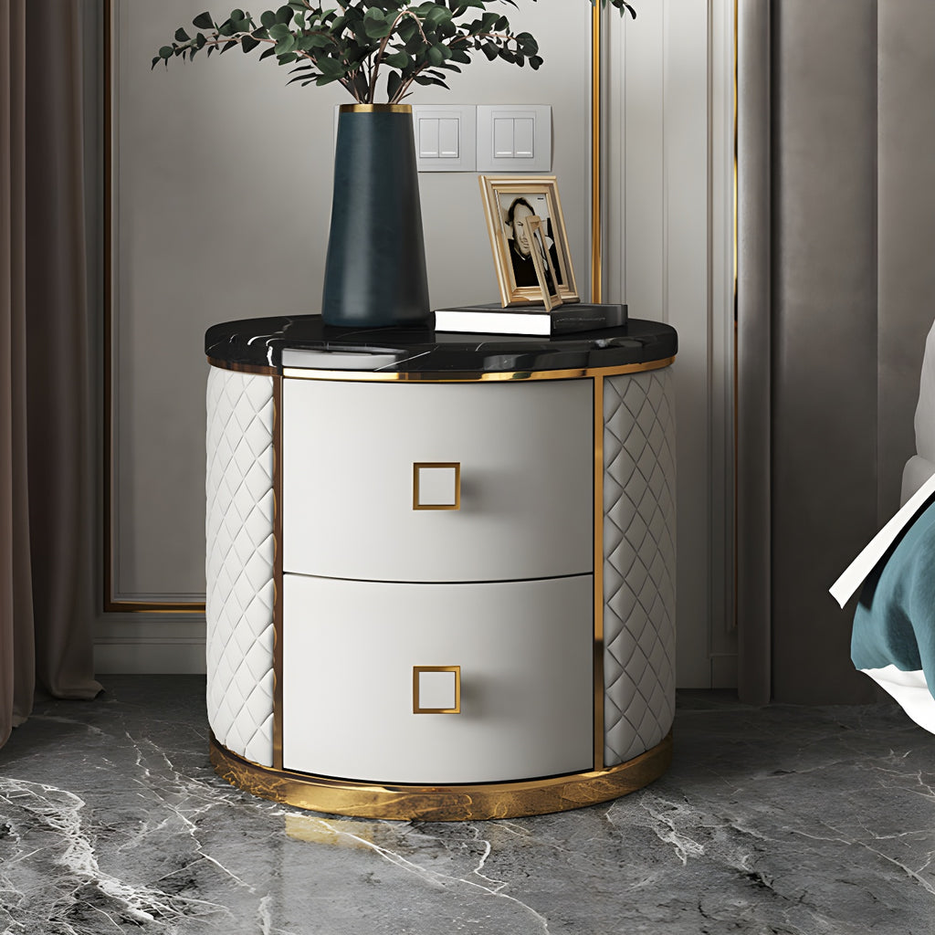 Glam Round Leather Nightstand with Marble Countertop 2 Drawers