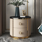 Glam Round Leather Nightstand with Marble Countertop 2 Drawers