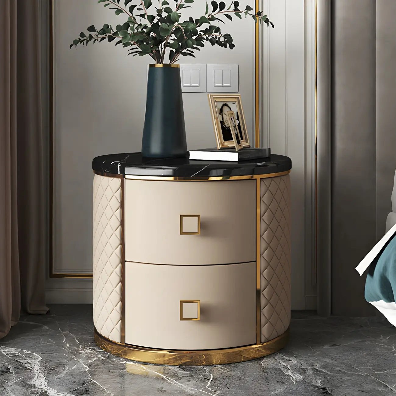 Glam Round Leather Nightstand with Marble Countertop 2 Drawers