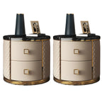 Glam Round Leather Nightstand with Marble Countertop 2 Drawers
