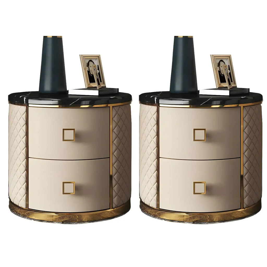 Glam Round Leather Nightstand with Marble Countertop 2 Drawers