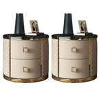 Glam Round Leather Nightstand with Marble Countertop 2 Drawers