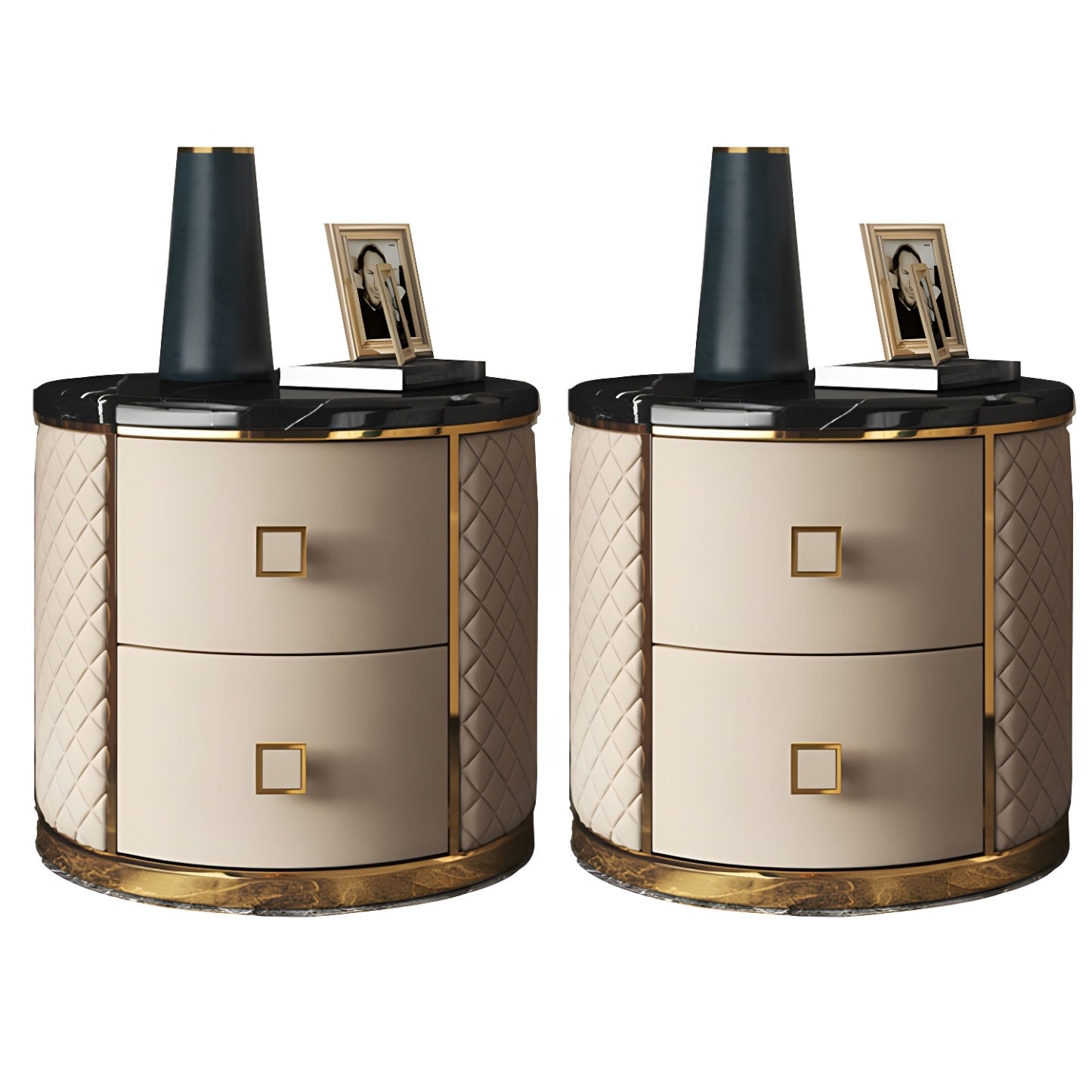 Glam Round Leather Nightstand with Marble Countertop 2 Drawers