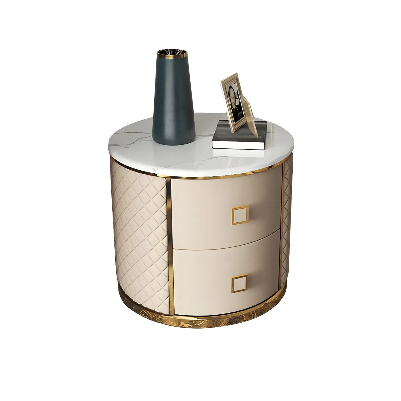 Glam Round Leather Nightstand with Marble Countertop 2 Drawers