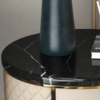 Glam Round Leather Nightstand with Marble Countertop 2 Drawers
