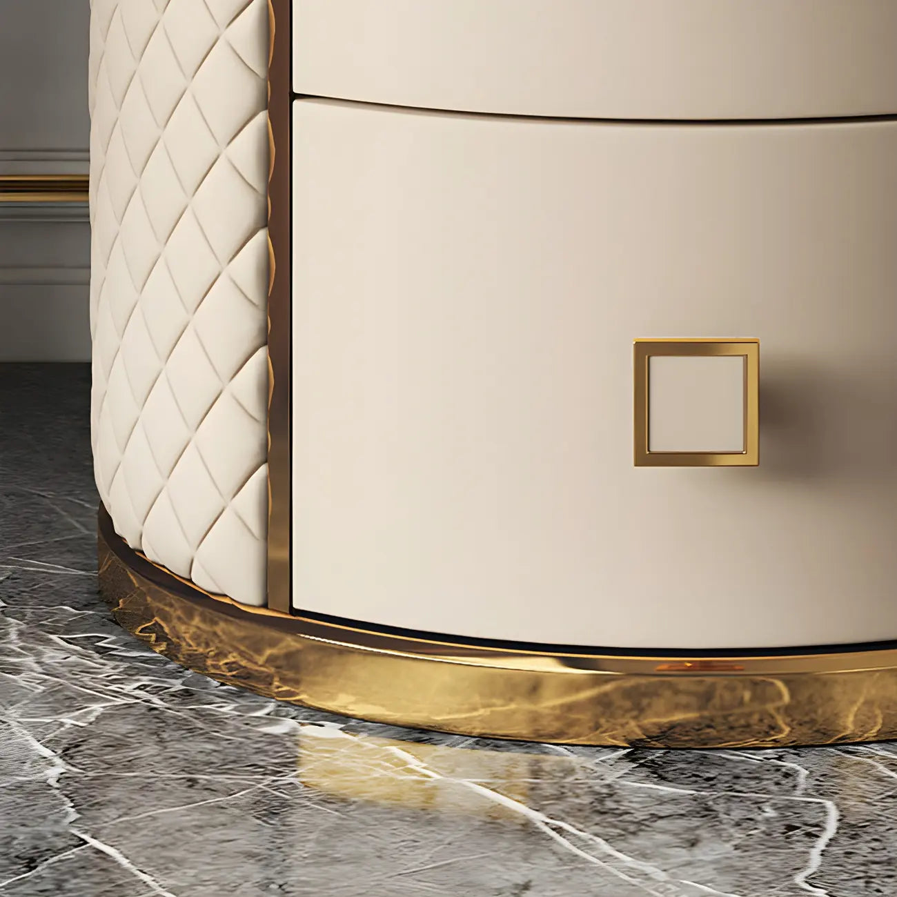 Glam Round Leather Nightstand with Marble Countertop 2 Drawers