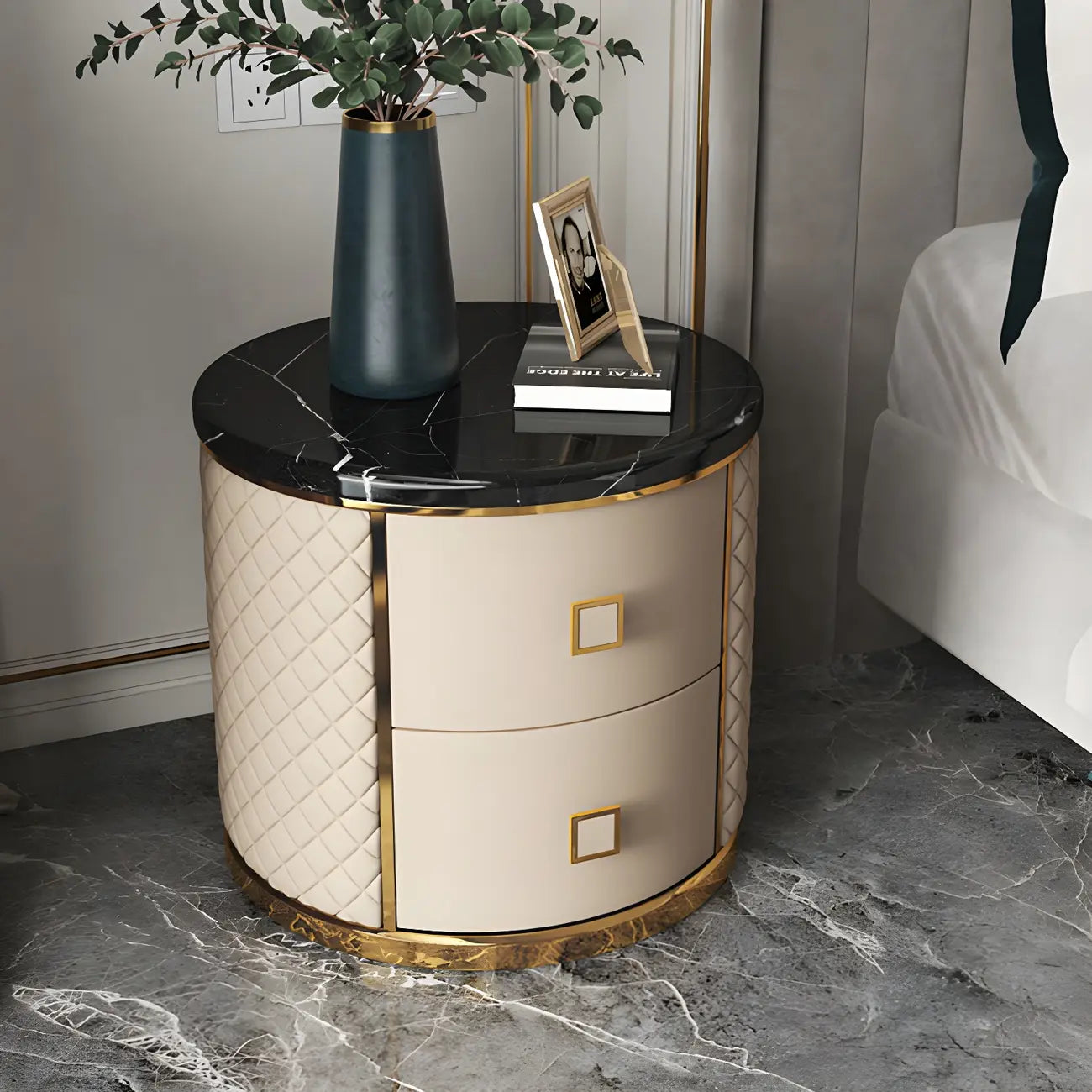 Glam Round Leather Nightstand with Marble Countertop 2 Drawers