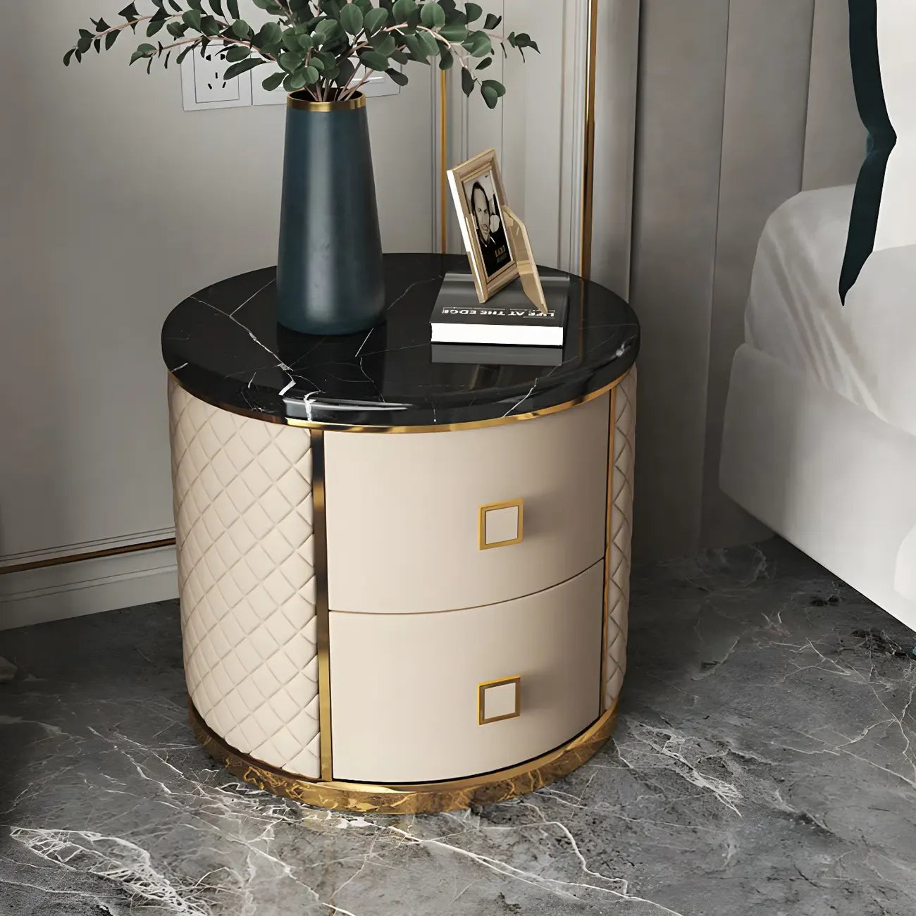 Glam Round Leather Nightstand with Marble Countertop 2 Drawers