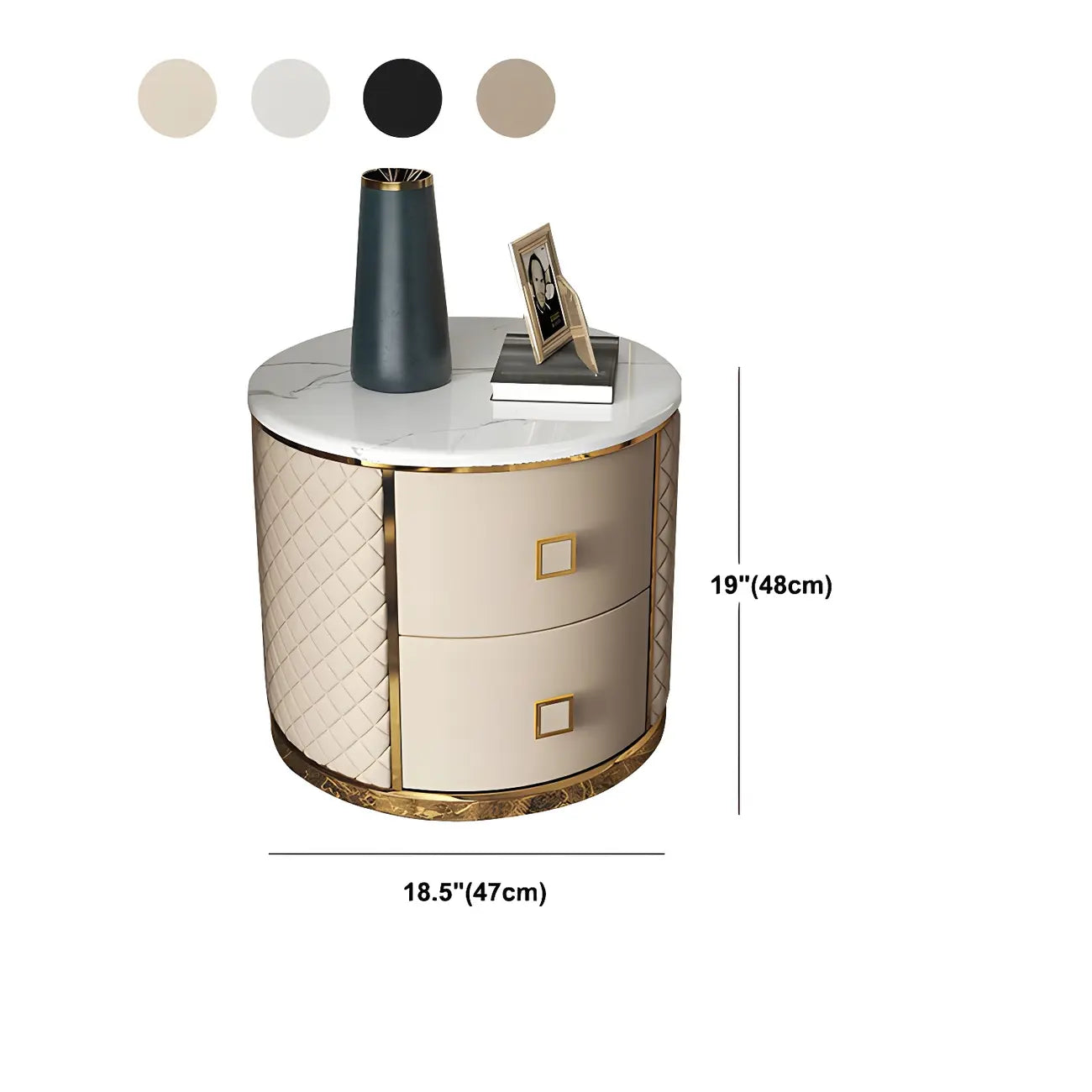 Glam Round Leather Nightstand with Marble Countertop 2 Drawers