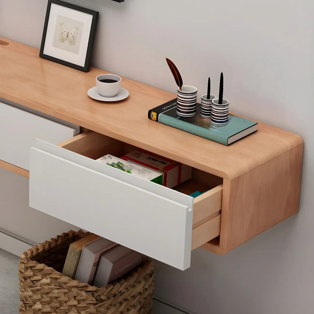 Scandinavian Wood Floating TV Stand with Cabinet