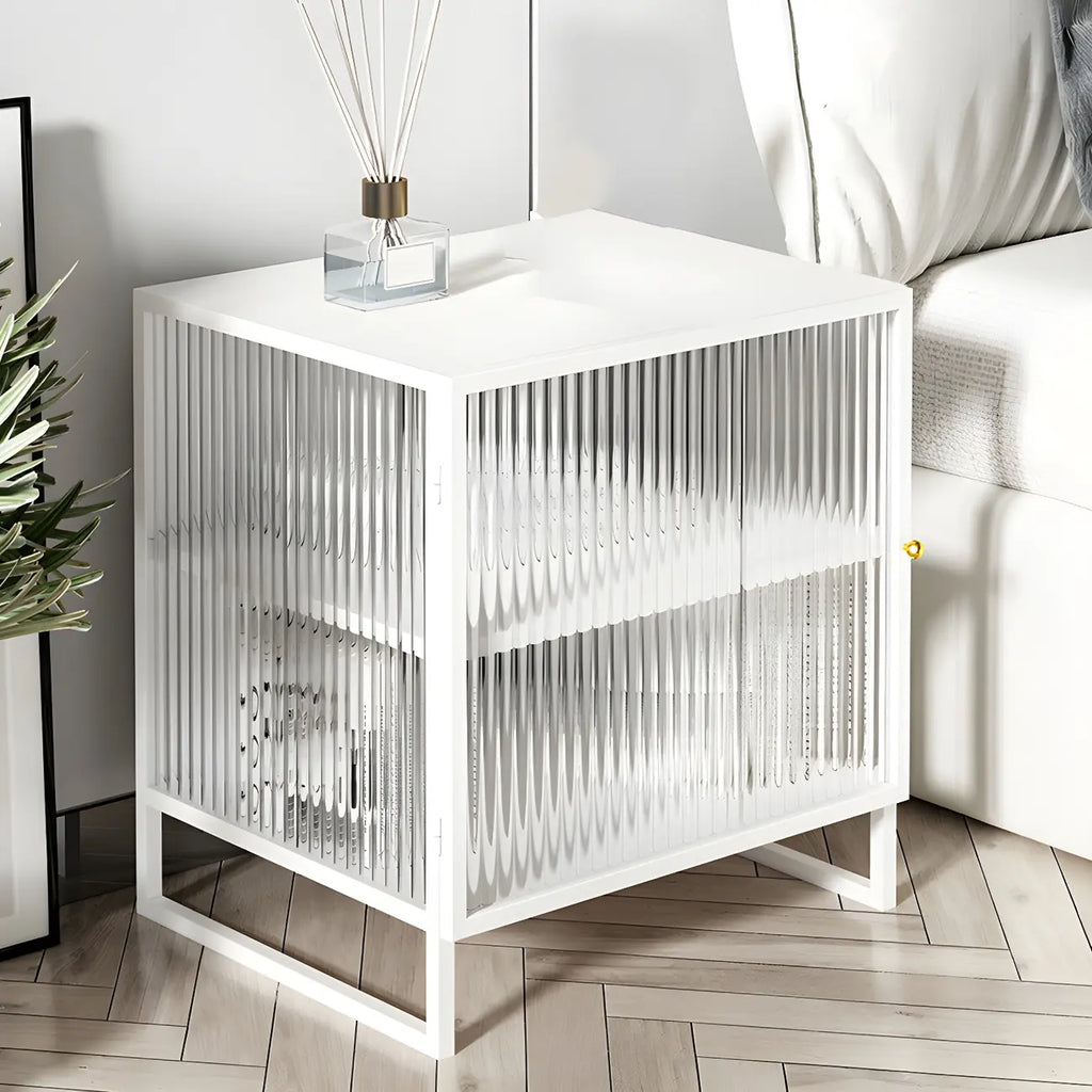 Black 2-Tier Ribbed Glass Metal Bedroom Nightstand