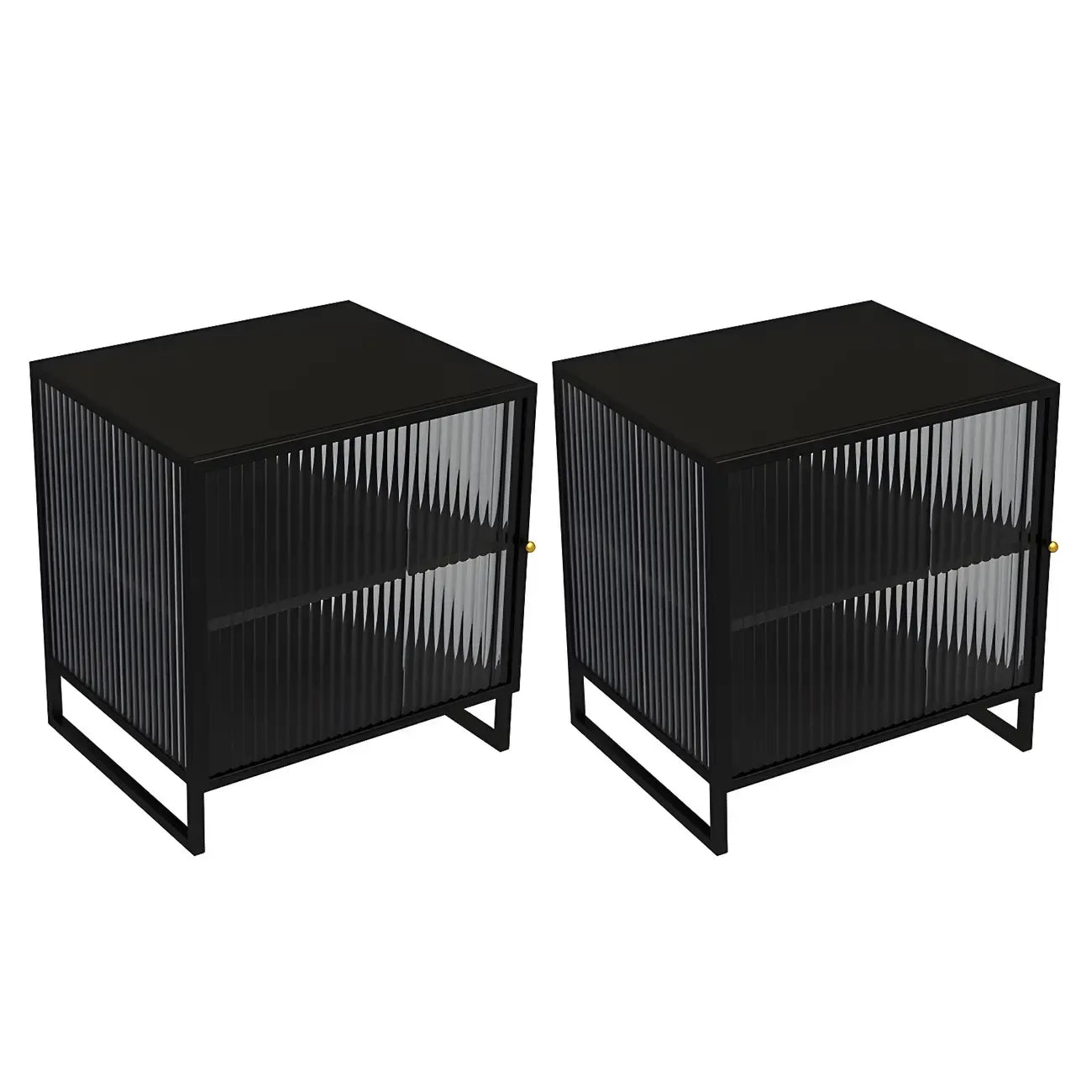 Black 2-Tier Ribbed Glass Metal Bedroom Nightstand