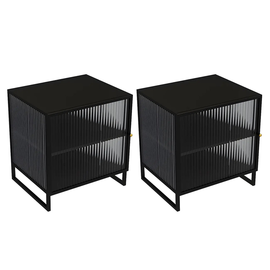 Black 2-Tier Ribbed Glass Metal Bedroom Nightstand