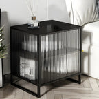 Black 2-Tier Ribbed Glass Metal Bedroom Nightstand