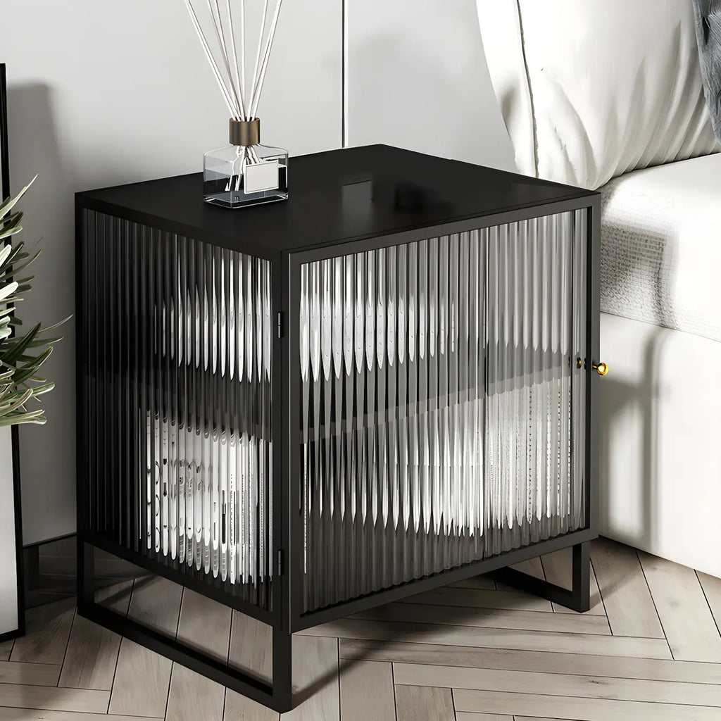 Black 2-Tier Ribbed Glass Metal Bedroom Nightstand