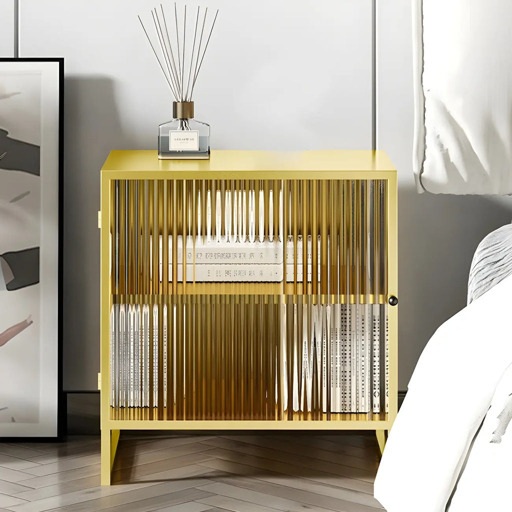 Black 2-Tier Ribbed Glass Metal Bedroom Nightstand