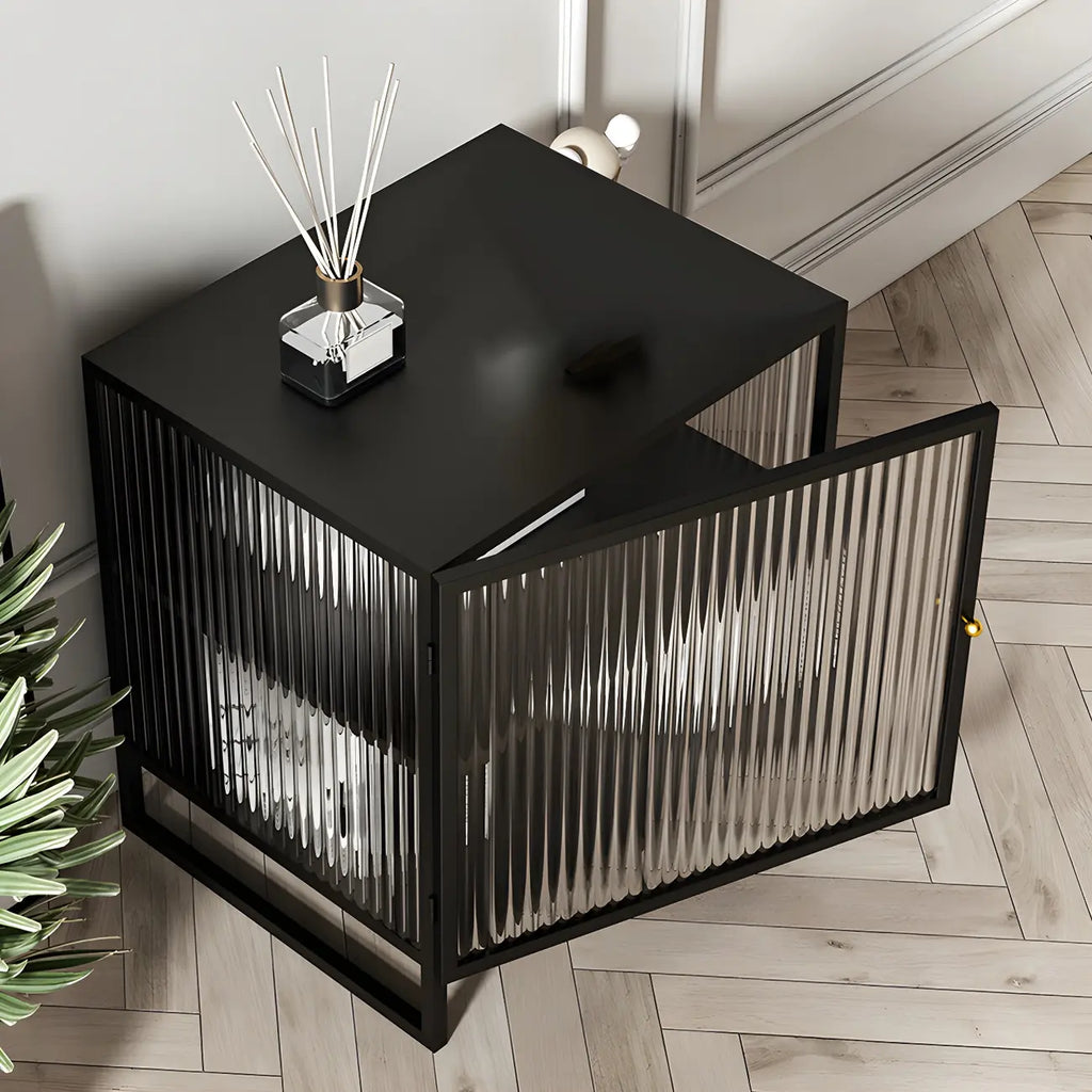 Black 2-Tier Ribbed Glass Metal Bedroom Nightstand