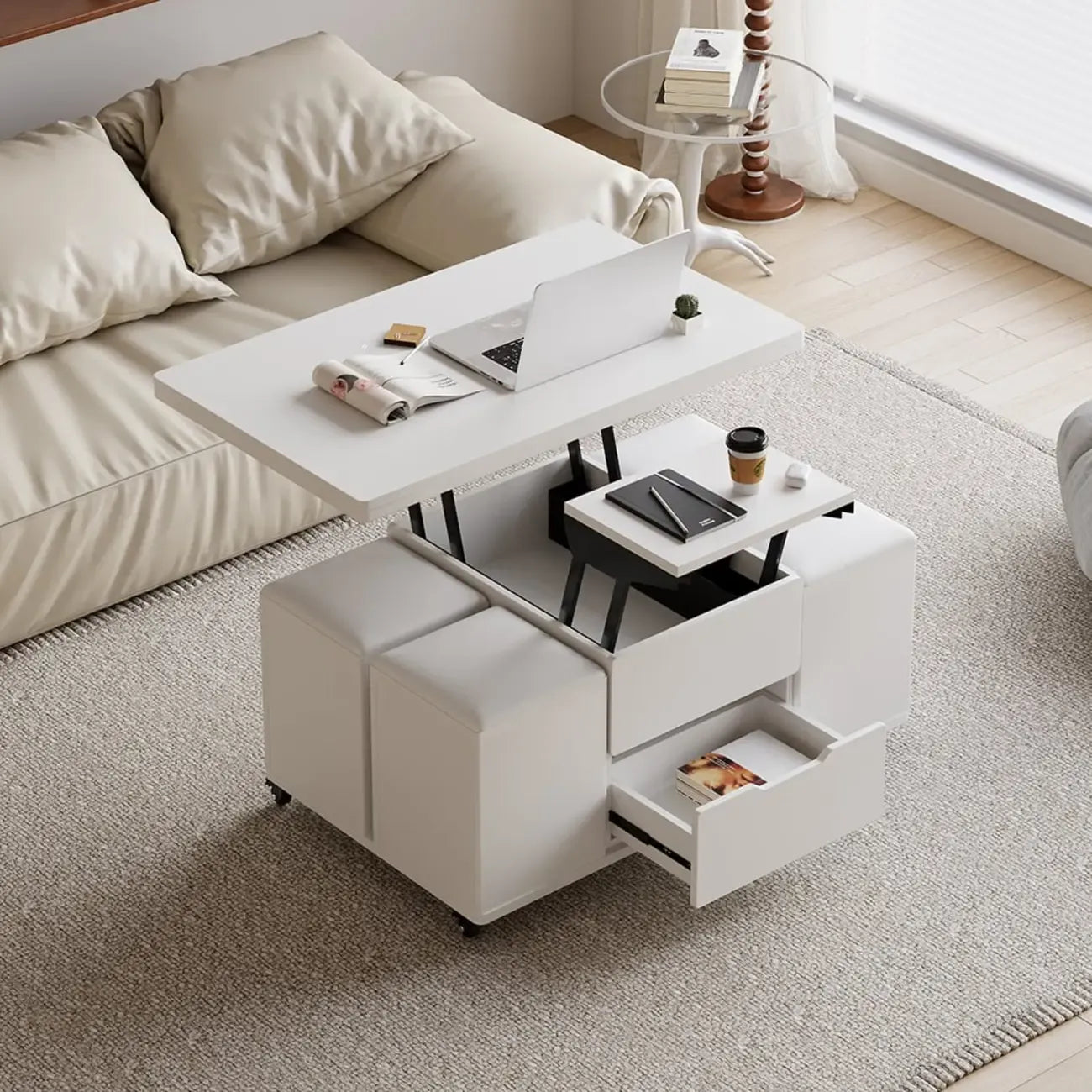 Foldable Lift-Top Coffee Table with 4 Stools & Storage