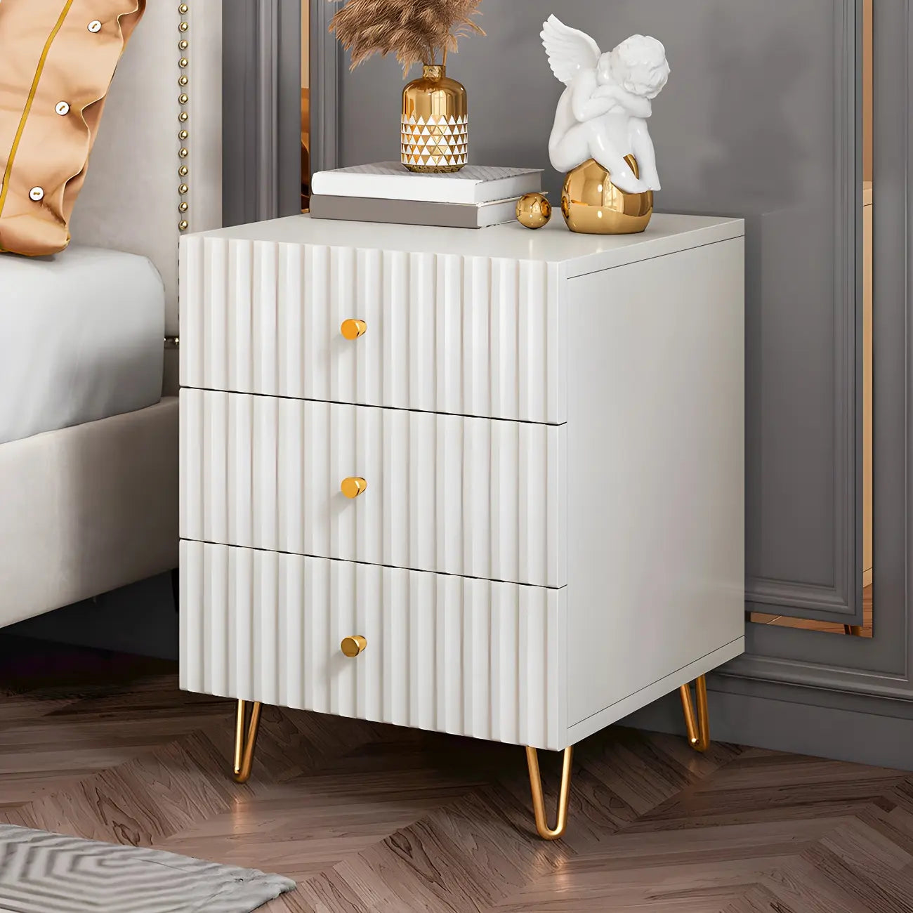 Modern Wooden Stripe Gold Accents Stylish Nightstand