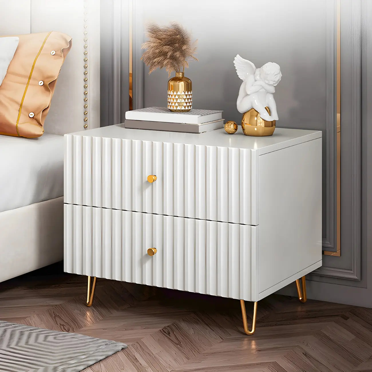 Modern Wooden Stripe Gold Accents Stylish Nightstand