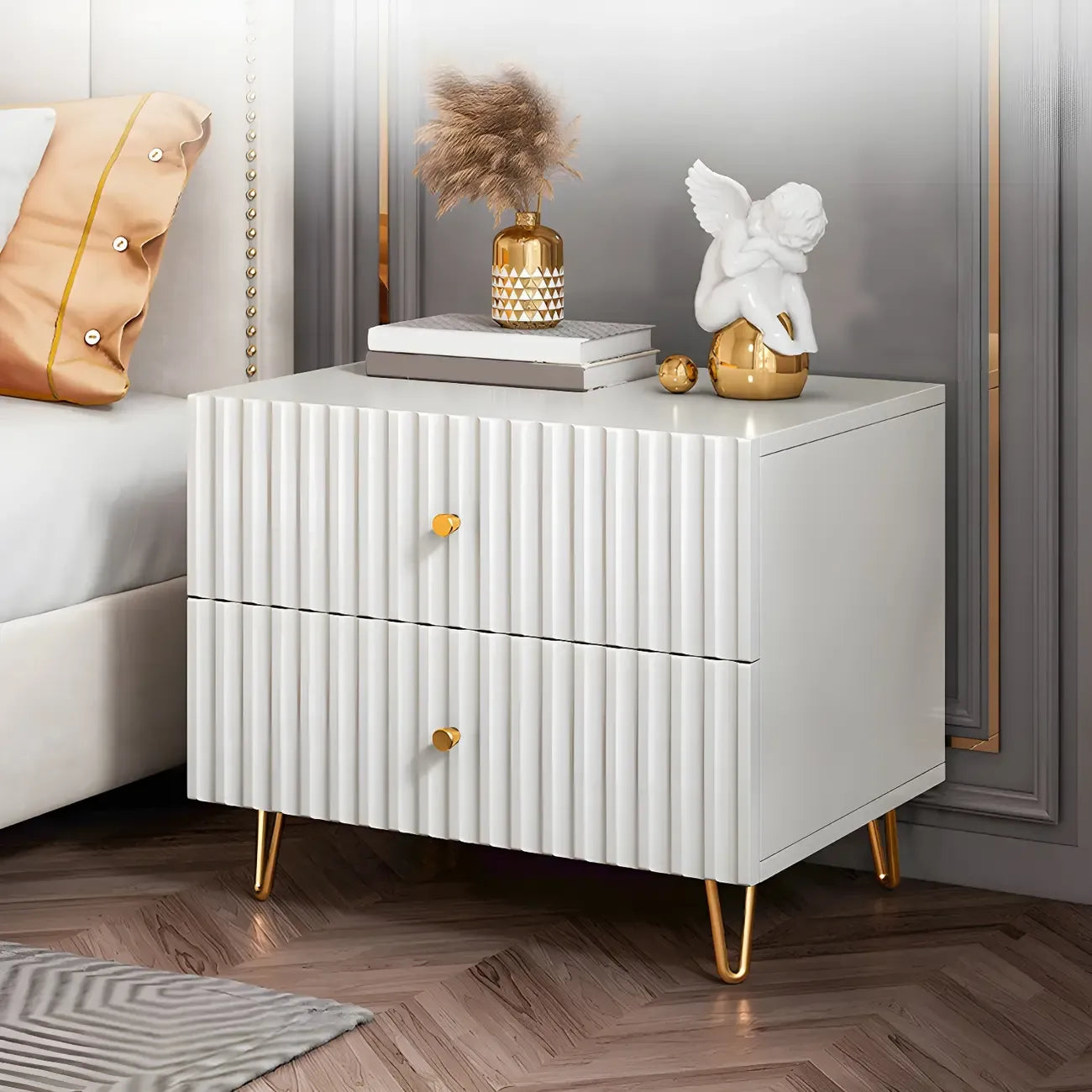 Modern Wooden Stripe Gold Accents Stylish Nightstand