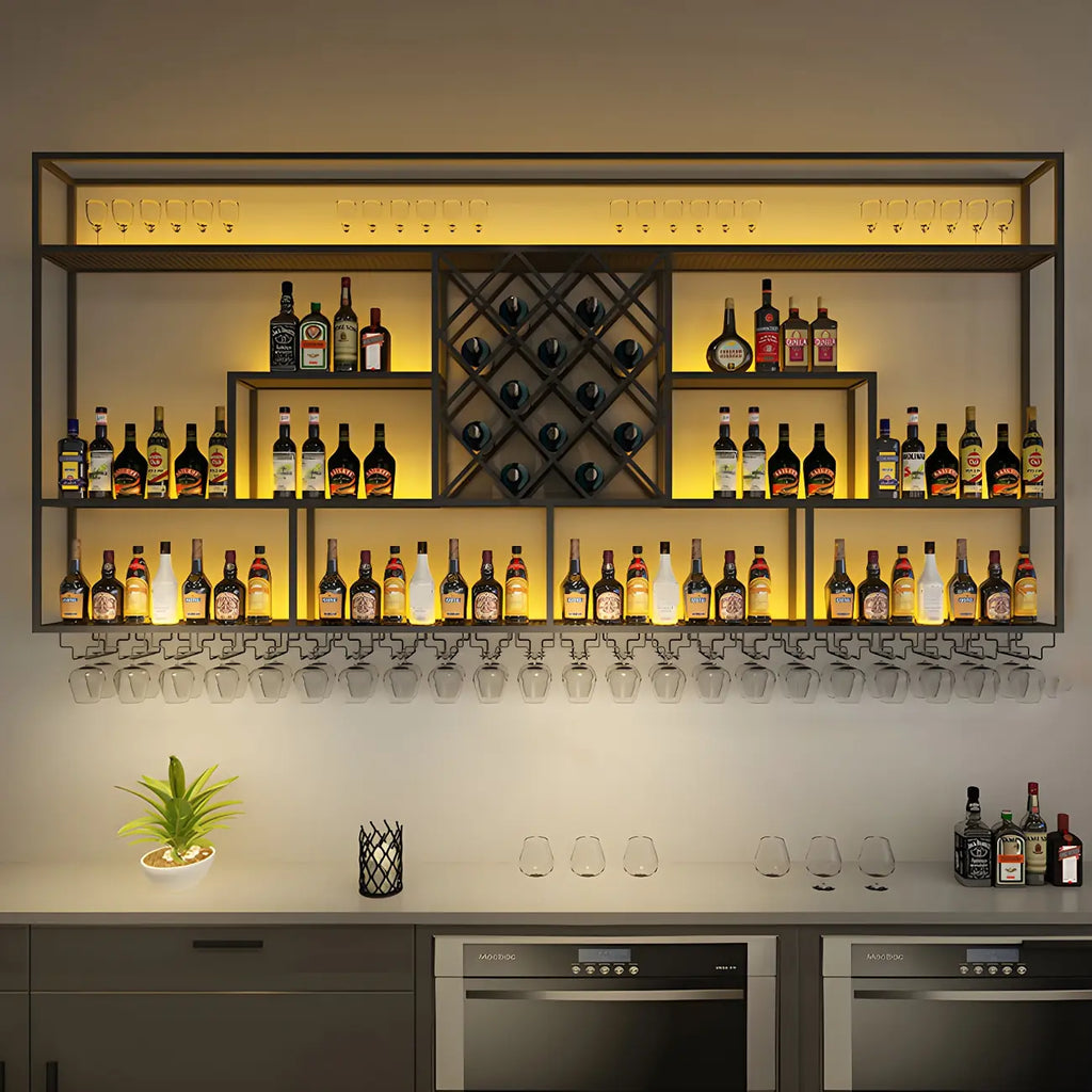 Rectangular Black Metal Wall-Mounted Wine Bottle Rack