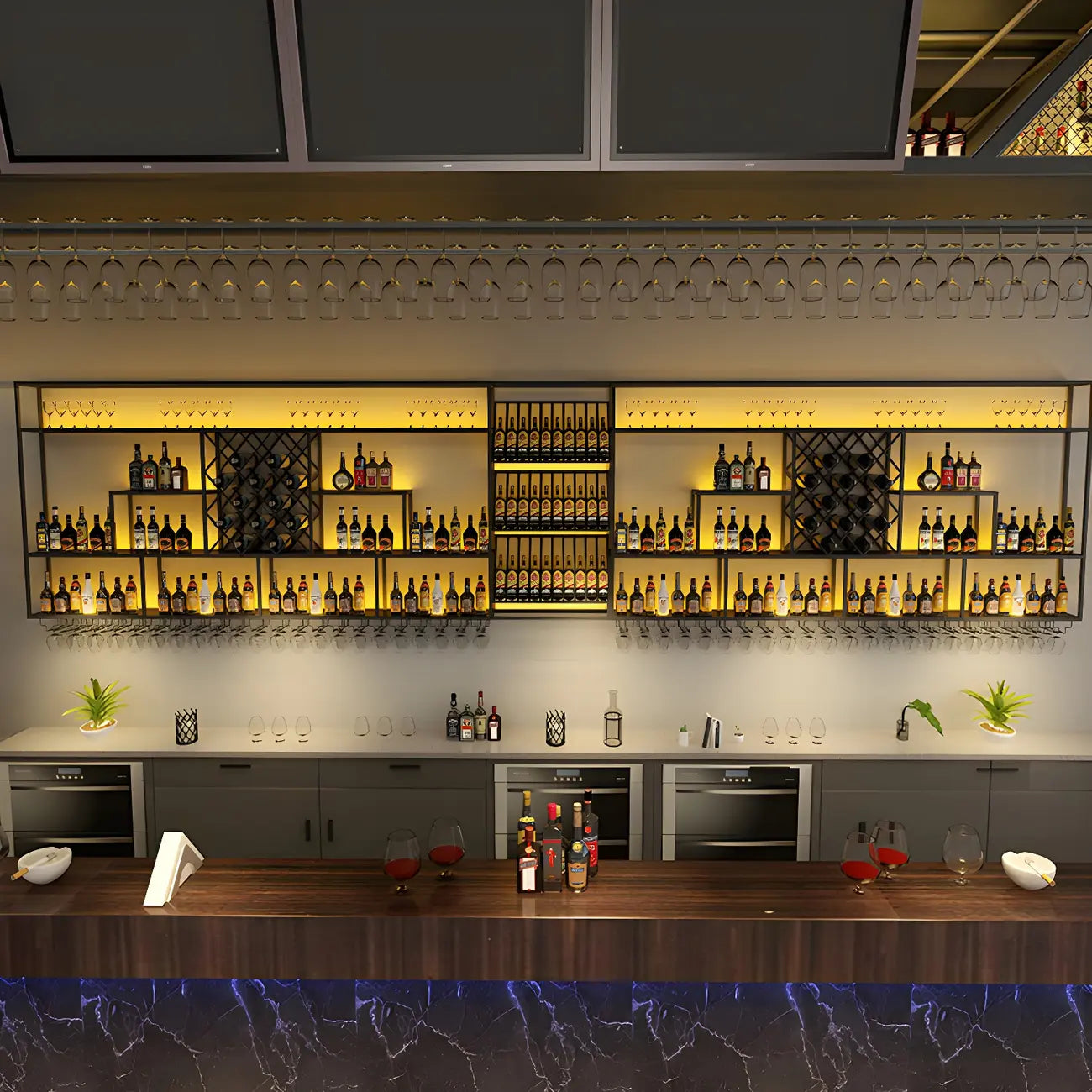 Rectangular Black Metal Wall-Mounted Wine Bottle Rack