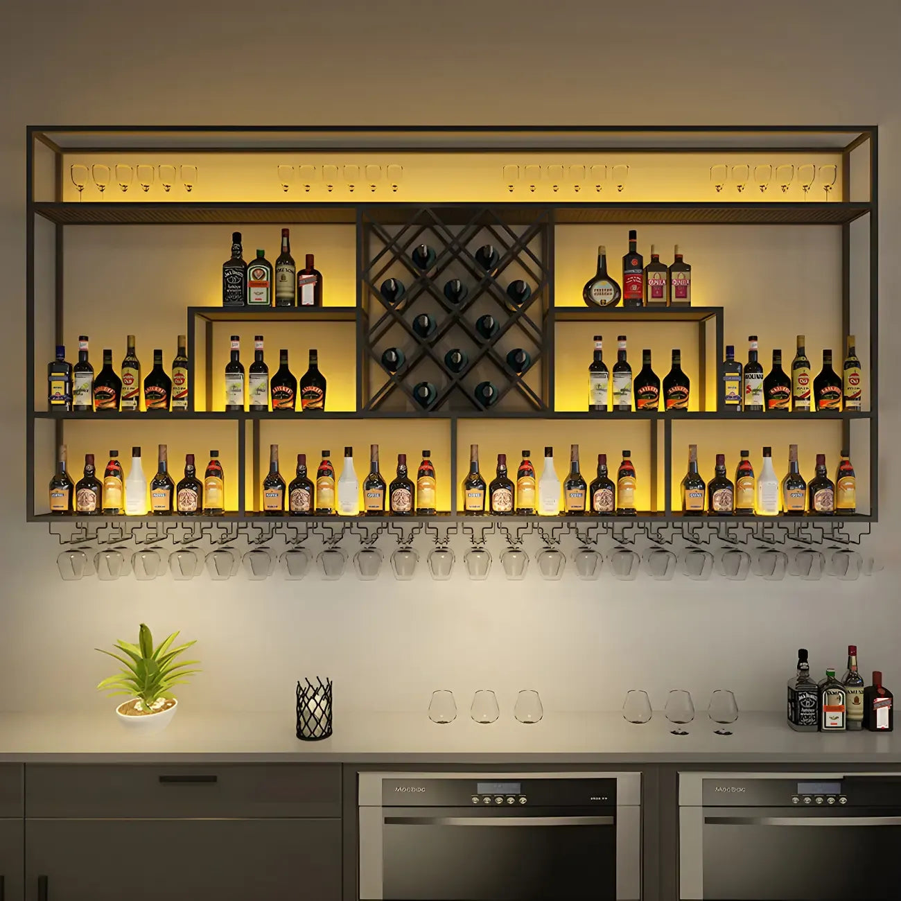 Rectangular Black Metal Wall-Mounted Wine Bottle Rack