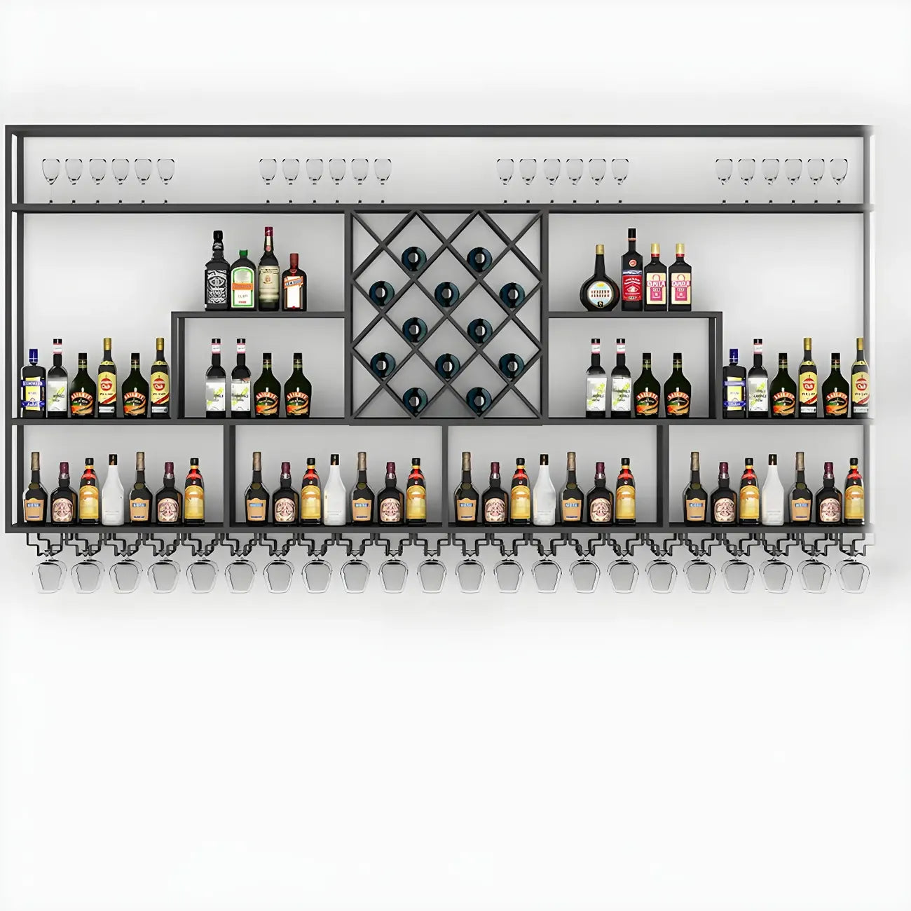Rectangular Black Metal Wall-Mounted Wine Bottle Rack