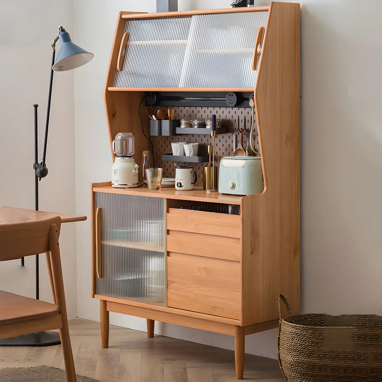 Cherry Wood Storage Glass Doors Hutch Cabinet