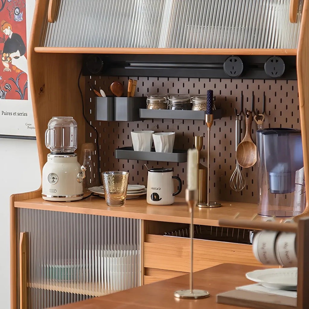 Cherry Wood Storage Glass Doors Hutch Cabinet