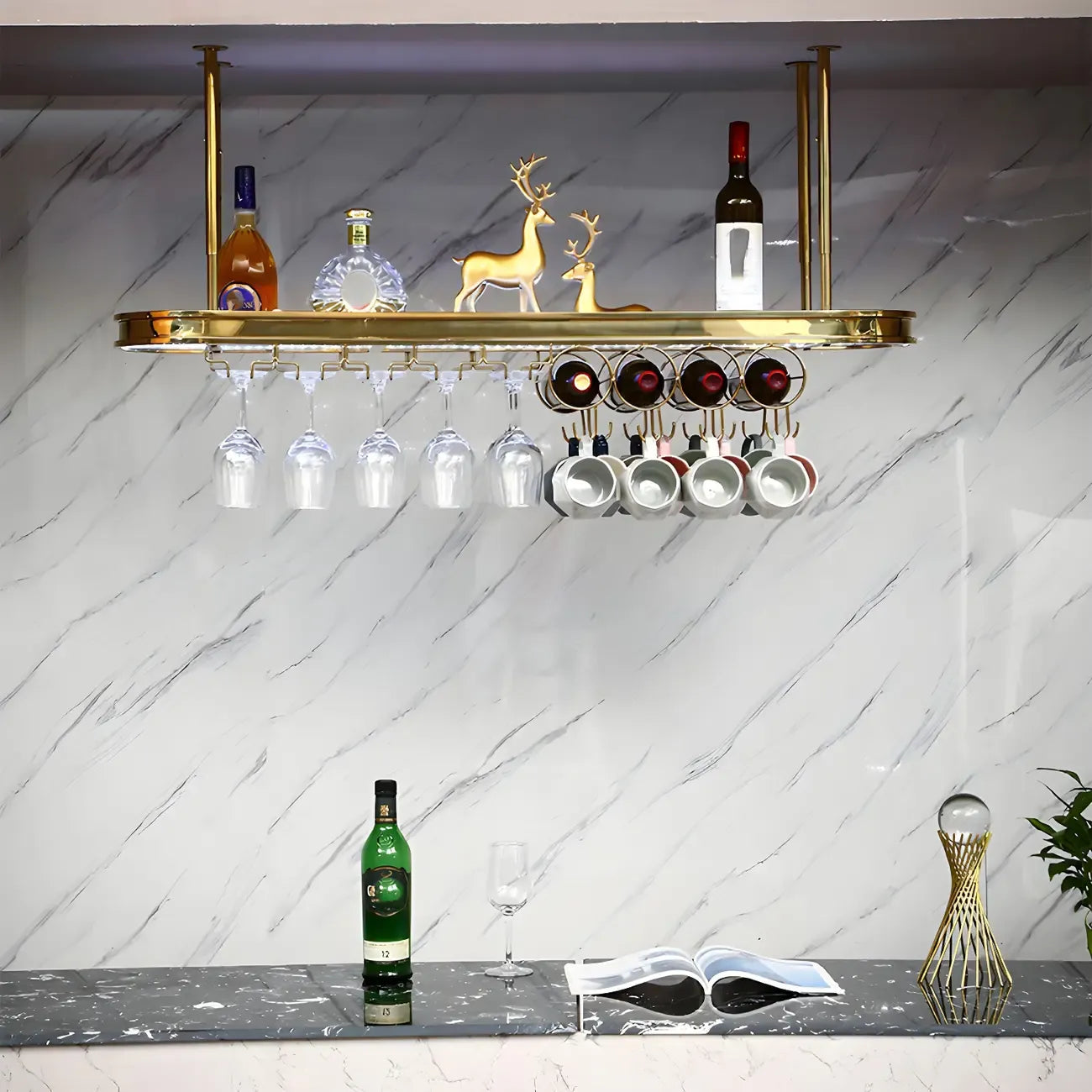 Modern Gold Metal Wine Rack with Glass Holder