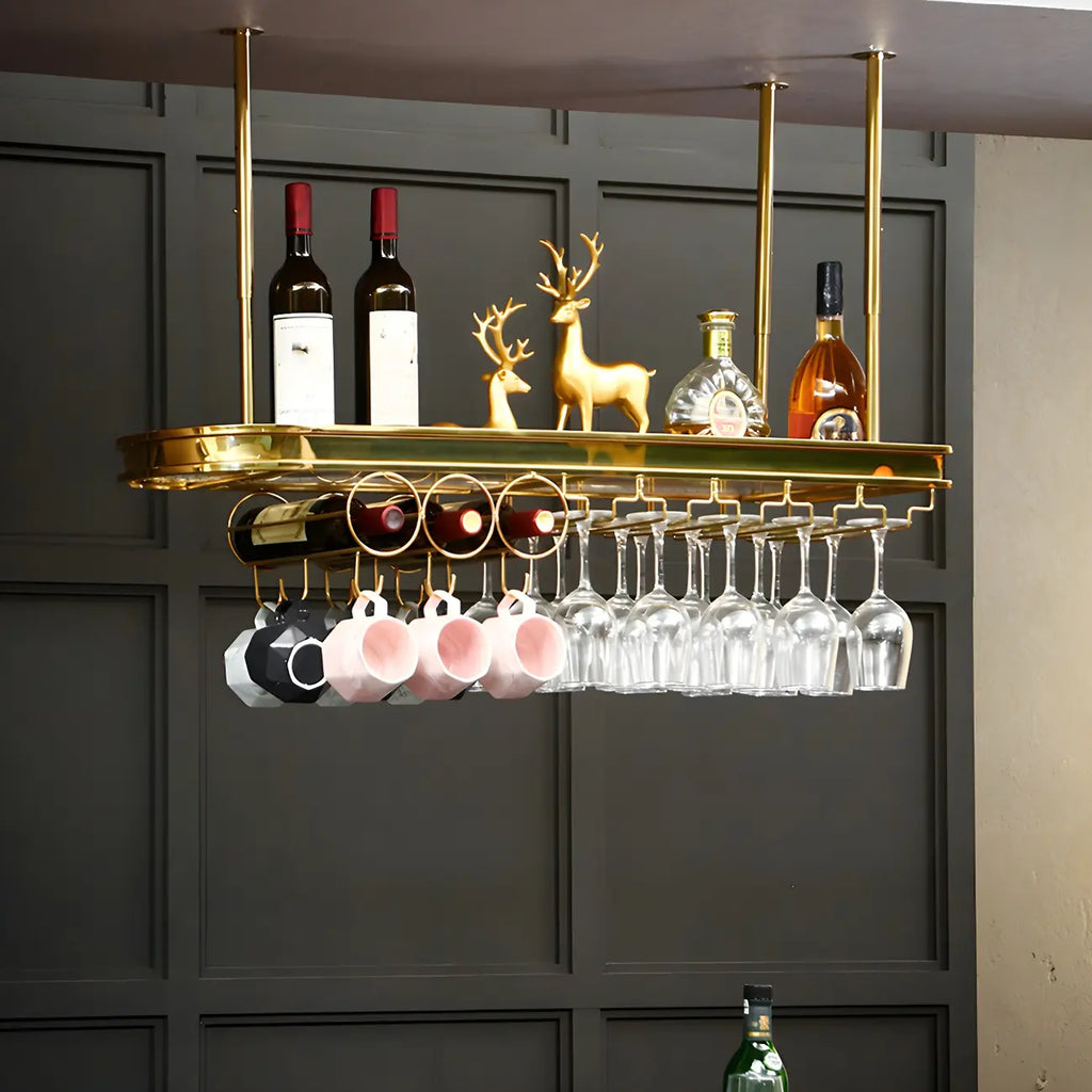 Modern Gold Metal Wine Rack with Glass Holder
