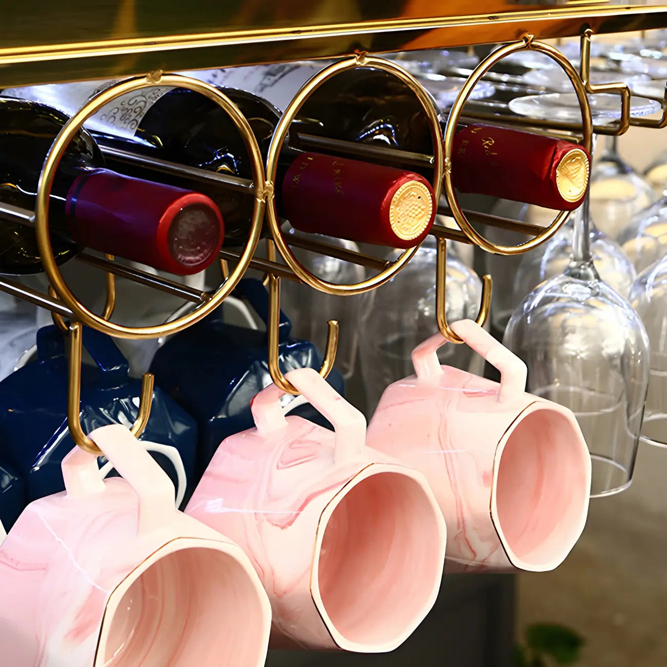 Modern Gold Metal Wine Rack with Glass Holder