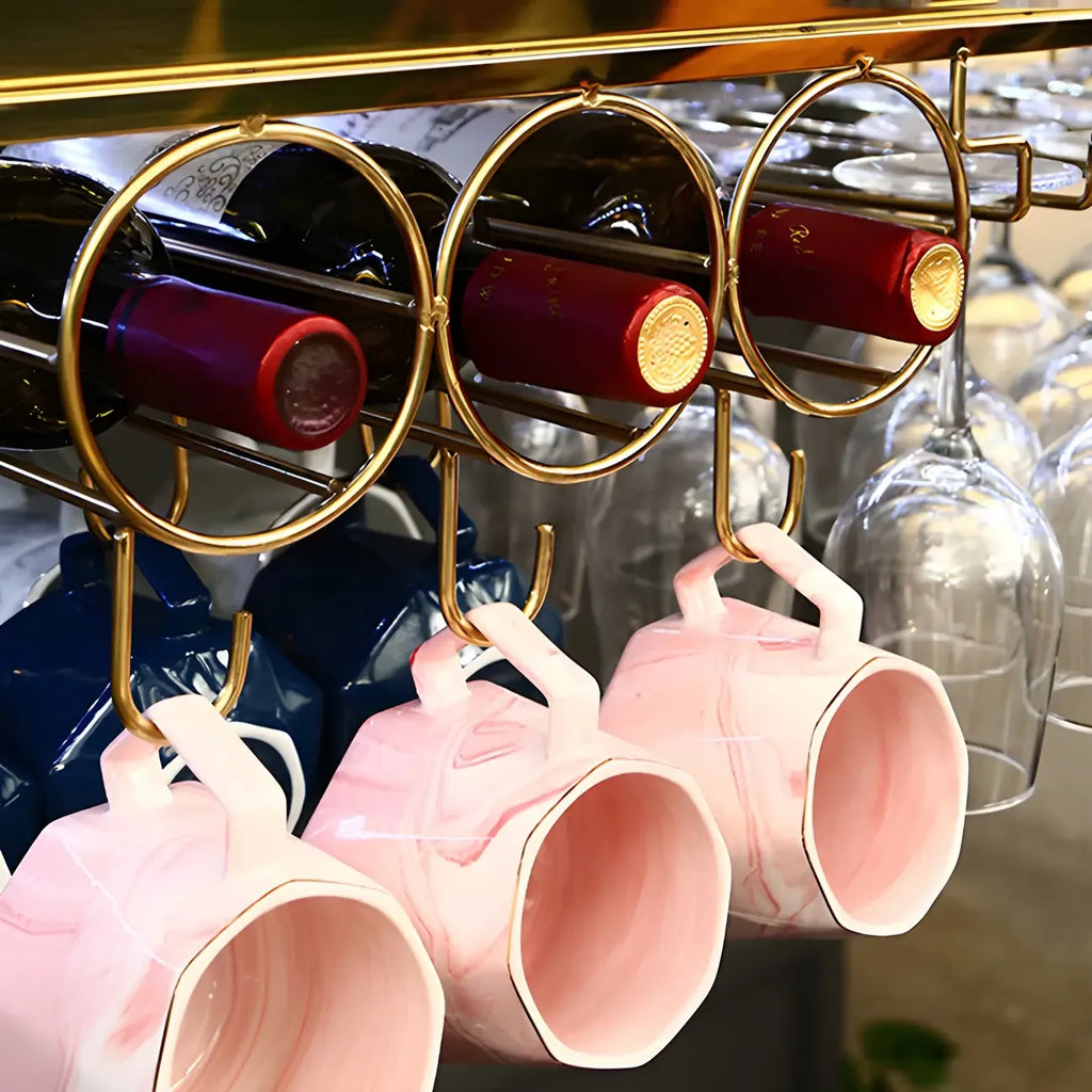 Modern Gold Metal Wine Rack with Glass Holder