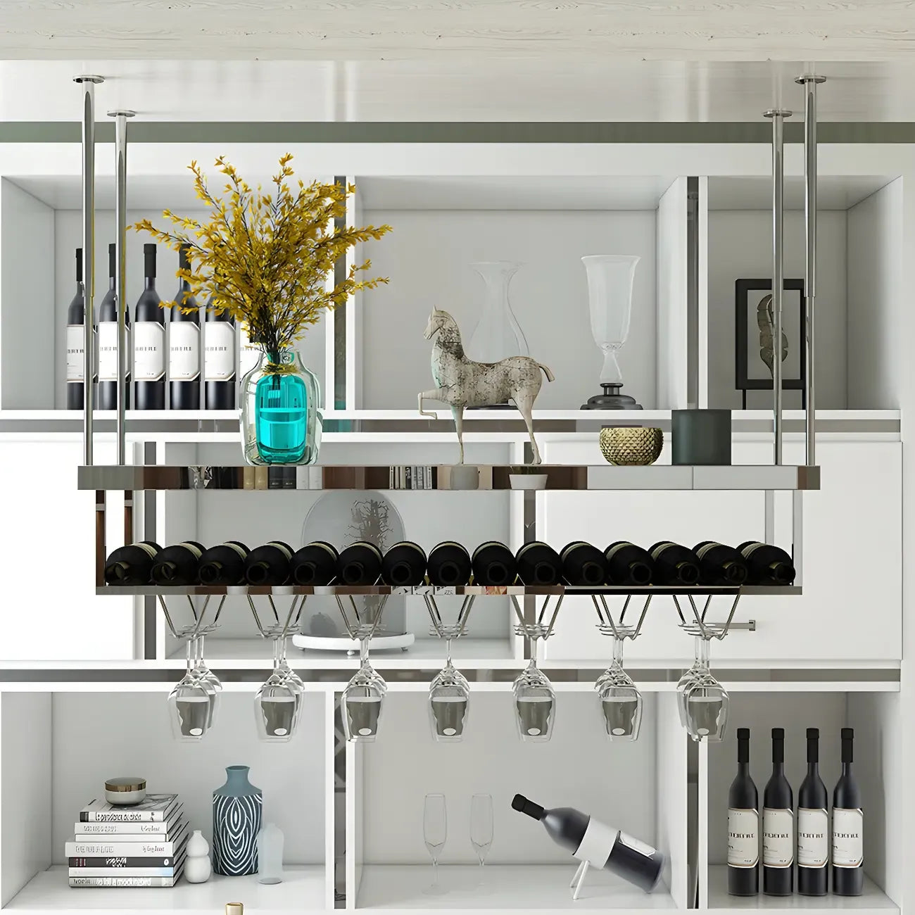Modern Metal Hanging Wine Rack with Glass Holder