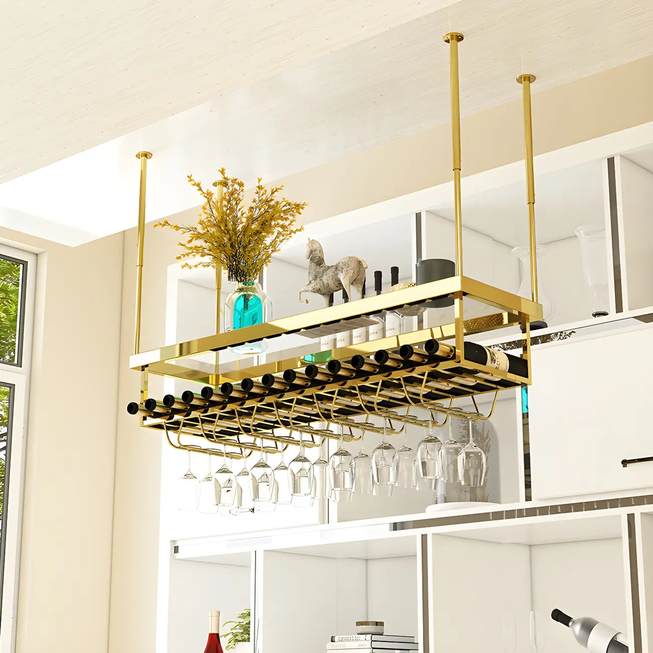 Modern Metal Hanging Wine Rack with Glass Holder