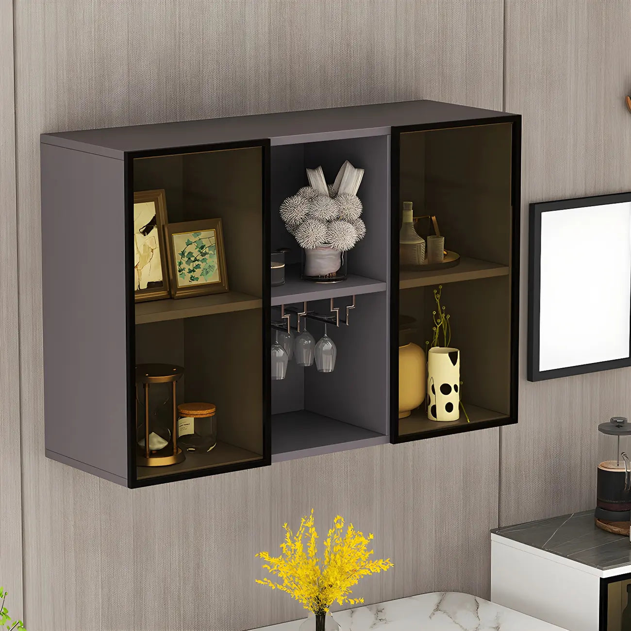 Rectangular Wood Wall-Mounted Glass Doors Display Cabinet