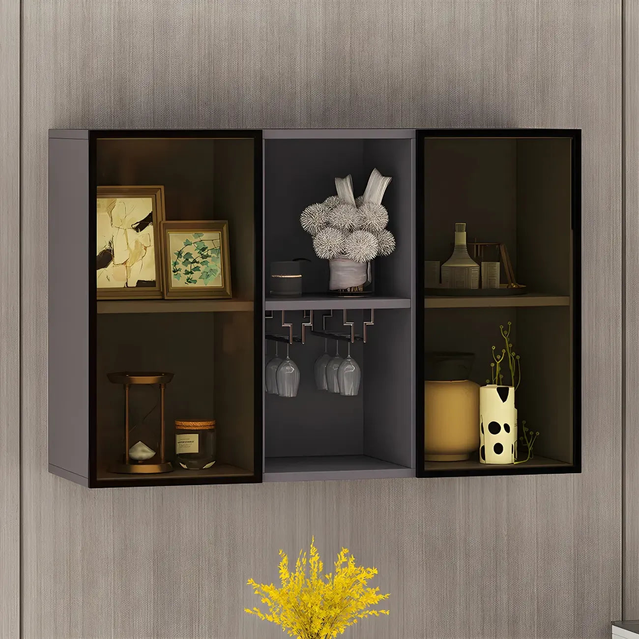 Rectangular Wood Wall-Mounted Glass Doors Display Cabinet