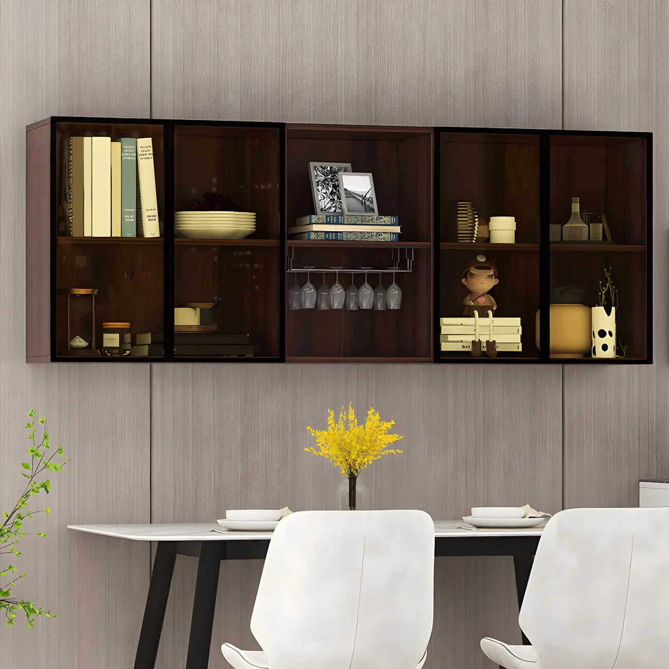 Rectangular Wood Wall-Mounted Glass Doors Display Cabinet