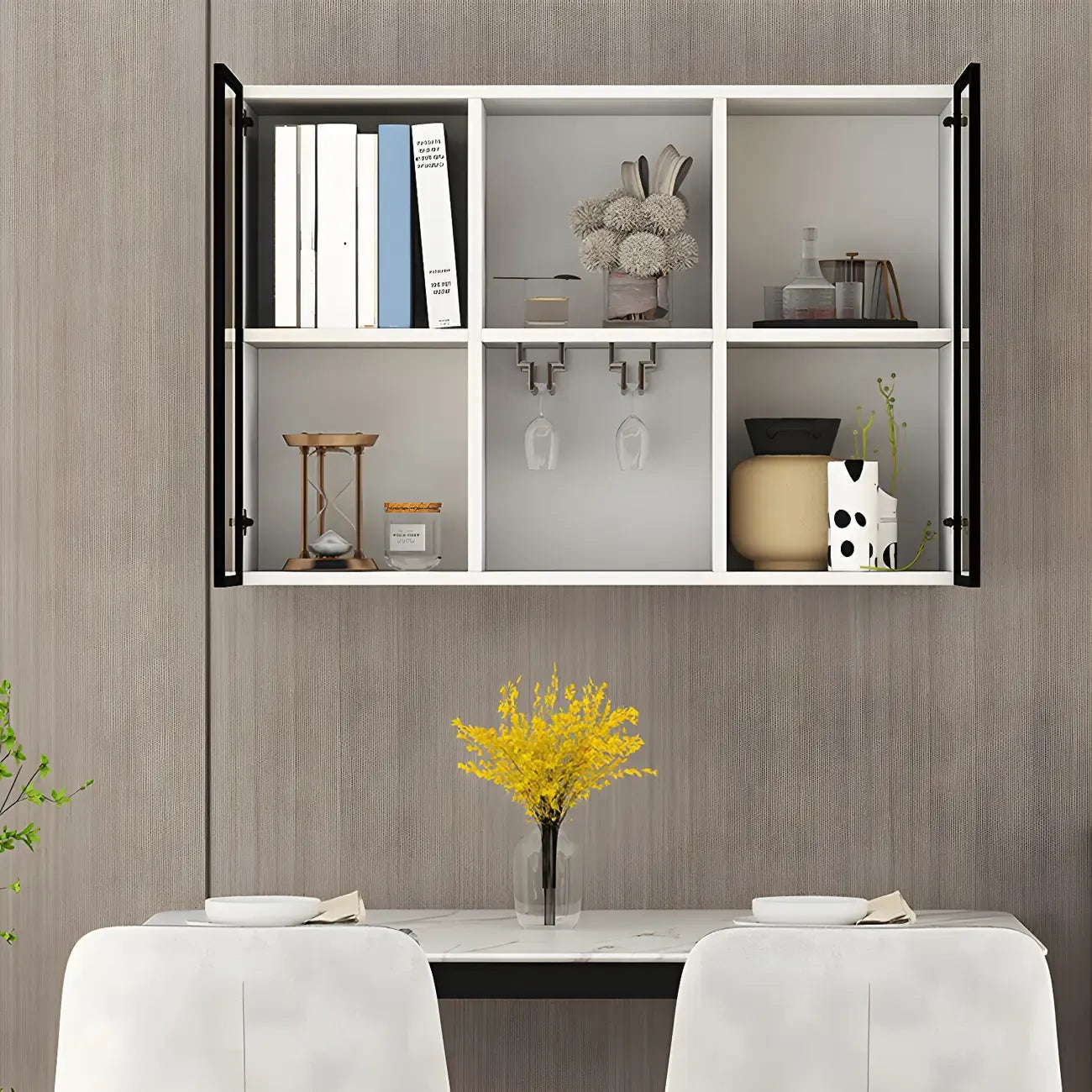 Rectangular Wood Wall-Mounted Glass Doors Display Cabinet