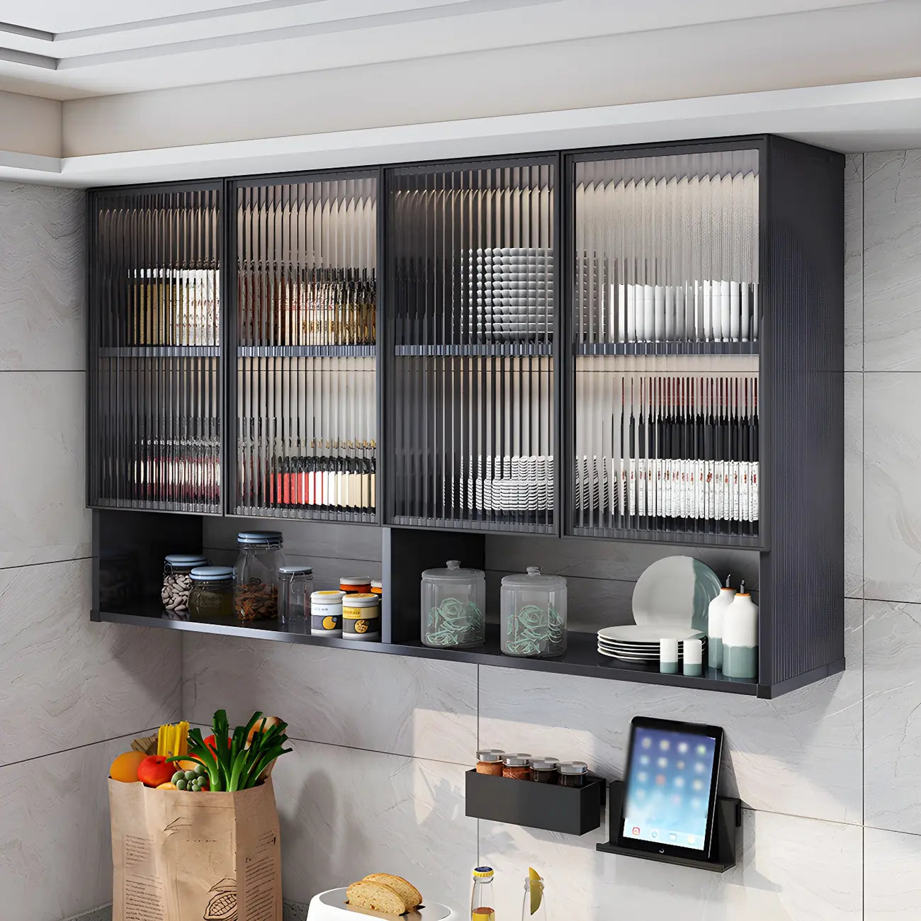 Gray Metal Floating Storage Kitchen China Cabinet