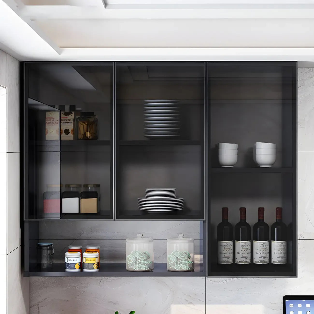 Gray Metal Floating Storage Kitchen China Cabinet