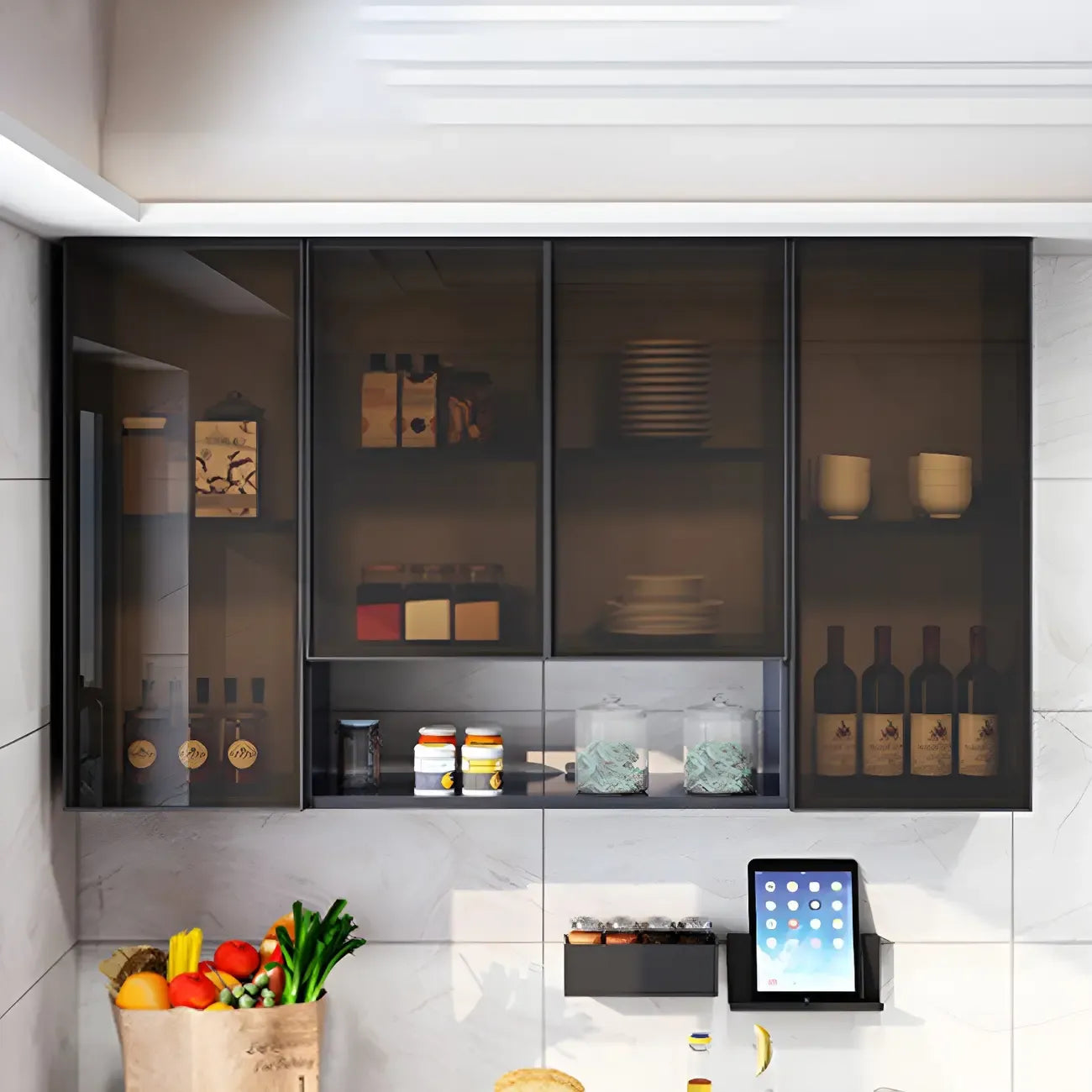 Gray Metal Floating Storage Kitchen China Cabinet