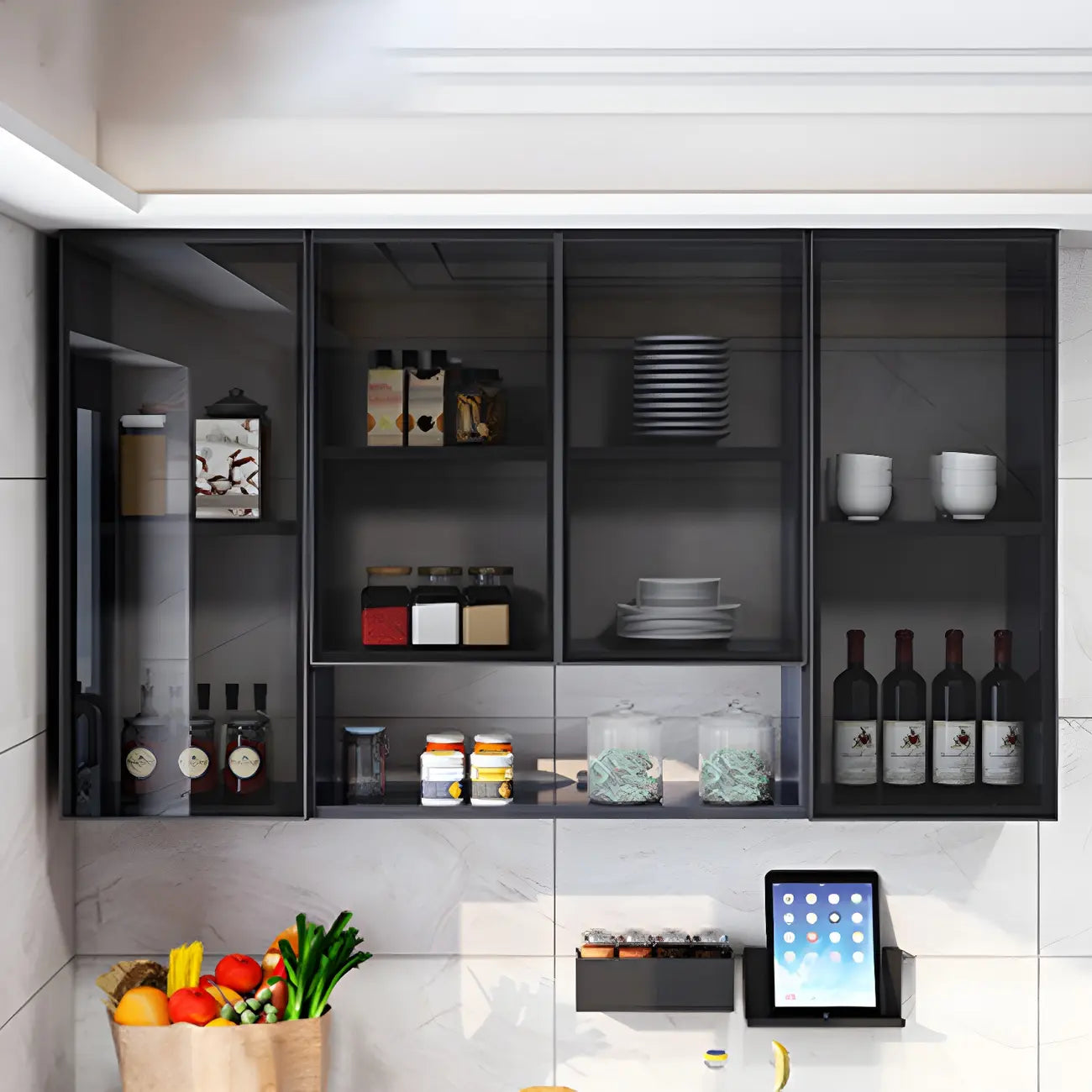 Gray Metal Floating Storage Kitchen China Cabinet