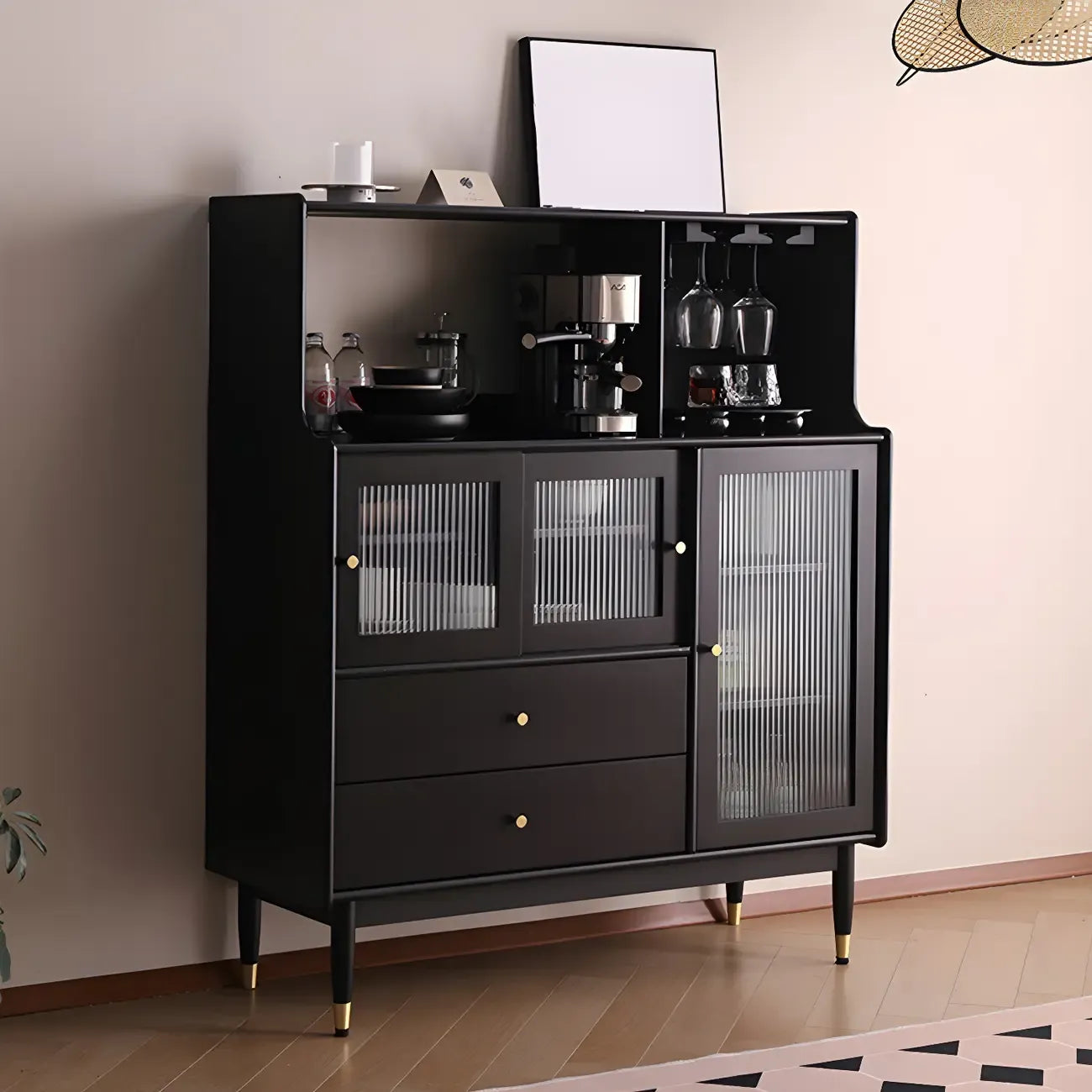 Modern Black Freestanding Wine Rack Large Storage for Living Bar