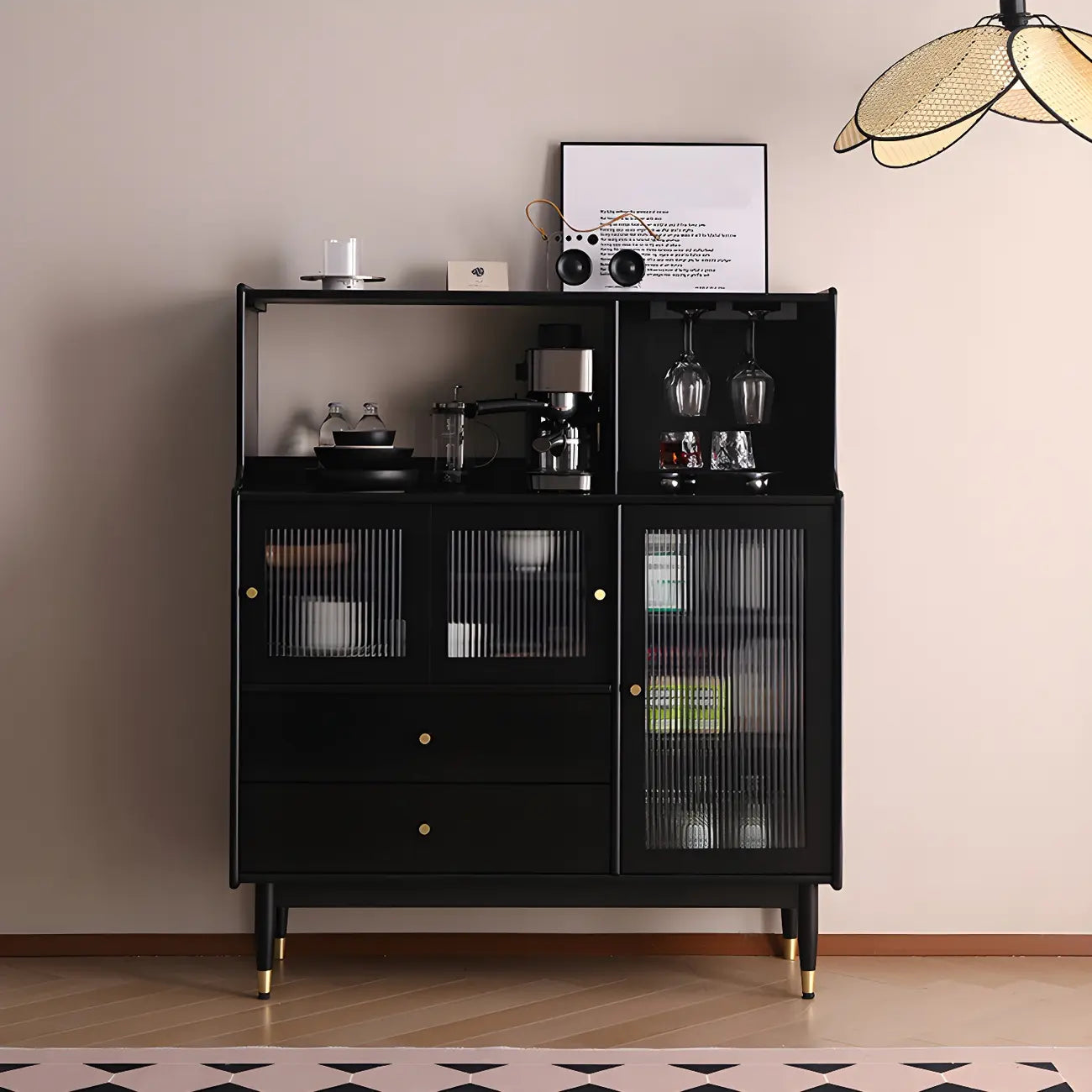 Modern Black Freestanding Wine Rack Large Storage for Living Bar